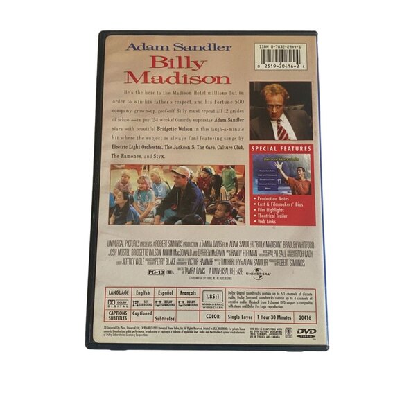 Billy Madison Widescreen DVD-Adam Sandler-Rated PG-13-GUC - Picture 2 of 4